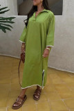 Solid Color Embroidered Patchwork Slit Turndown Collar Long Sleeve Dresses