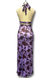 Sexy Vacation Floral Print Hollow Out Backless Halter One Step Skirt Dresses