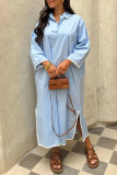 Solid Color Embroidered Patchwork Slit Turndown Collar Long Sleeve Dresses