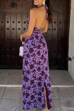 Sexy Vacation Floral Print Hollow Out Backless Halter One Step Skirt Dresses