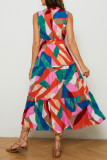 Casual Vacation Geometric Print Lace Up Contrast Mandarin Collar Printed Dresses