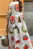 Elegant Floral Print Buckle Turndown Collar A Line Dresses