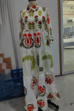 Elegant Floral Print Buckle Turndown Collar A Line Dresses