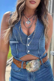 Sexy Hot Solid Color Distressed Buckle V Neck Sleeveless Regular Denim Jacket