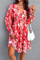 Elegant Floral Print Ruffle V Neck A Line Dresses