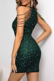 Sexy Solid Color Sequins Beaded O Neck Wrapped Skirt Dresses