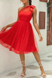 Sexy Prom Solid Color Mesh Bow Decor Sloping Shoulder Evening Dresses