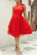 Sexy Prom Solid Color Mesh Bow Decor Sloping Shoulder Evening Dresses