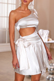 Sexy Solid Color Lace Up Backless Irregular Sloping Shoulder Irregular Dresses