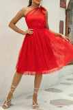 Sexy Prom Solid Color Mesh Bow Decor Sloping Shoulder Evening Dresses