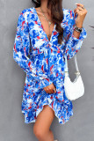 Elegant Floral Print Ruffle V Neck A Line Dresses