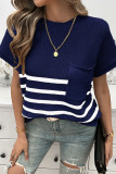 Casual Stripe Pocket Weave O Neck Tops