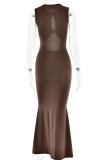 Sexy Solid Color Lace Up Backless O Neck Fishtail Dresses