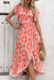 Sexy Flowers Print Ruffle Ruched V Neck A Line Dresses