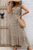 Elegant Print Rhombus Lace Up V Neck Sleeveless Dresses
