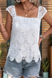 Casual Solid Color Lace Patchwork Square Neck Tops