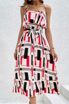Casual Vacation Striped Print Lace Up Contrast U Neck Sling Dresses