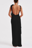 Sexy Prom Solid Color Backless Ruffle Ruched O Neck Evening Dresses