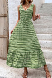 Elegant Print Rhombus Lace Up V Neck Sleeveless Dresses