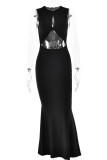 Sexy Solid Color Lace Up Backless O Neck Fishtail Dresses