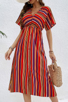Casual Vacation Striped Print Backless Slit Contrast V Neck A Line Dresses