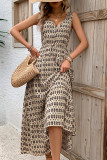 Elegant Print Rhombus Lace Up V Neck Sleeveless Dresses