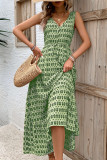 Elegant Print Rhombus Lace Up V Neck Sleeveless Dresses