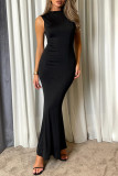 Sexy Solid Color Lace Up Backless O Neck Fishtail Dresses