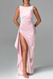Sexy Prom Solid Color Backless Ruffle Ruched O Neck Evening Dresses