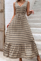Elegant Print Rhombus Lace Up V Neck Sleeveless Dresses