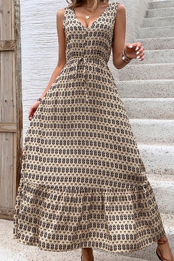 Elegant Print Rhombus Lace Up V Neck Sleeveless Dresses