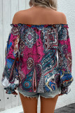 Sexy Street National Totem Print Lace Up Ruffle Off Shoulder Tops