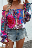 Sexy Street National Totem Print Lace Up Ruffle Off Shoulder Tops