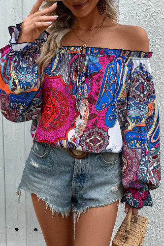 Sexy Street National Totem Print Lace Up Ruffle Off Shoulder Tops