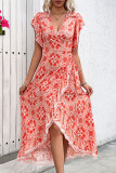 Sexy Flowers Print Ruffle Ruched V Neck A Line Dresses