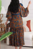 Elegant Floral Print Lace Up O Neck Evening Dresses