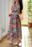 Elegant Geometric Print Patchwork Without Belt V Neck A Line Dresses