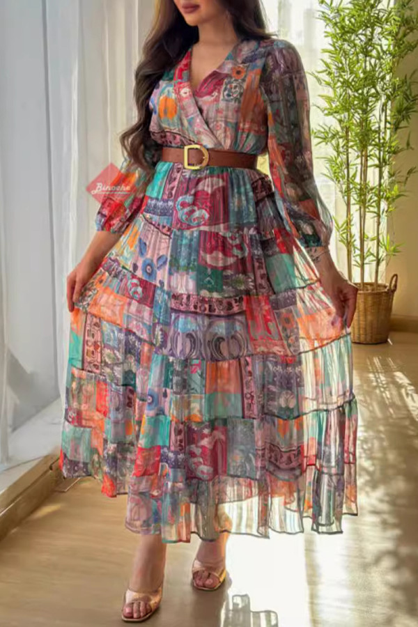 Elegant Geometric Print Patchwork Without Belt V Neck A Line Dresses