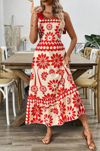 Casual Flowers Print Lace Up Square Neck Sling Dresses