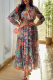 Elegant Geometric Print Patchwork Without Belt V Neck A Line Dresses