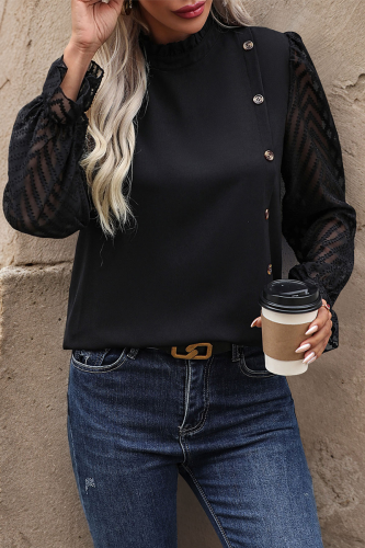 Daily Elegant Solid Color Buttons Patchwork Mesh Half A Turtleneck Tops