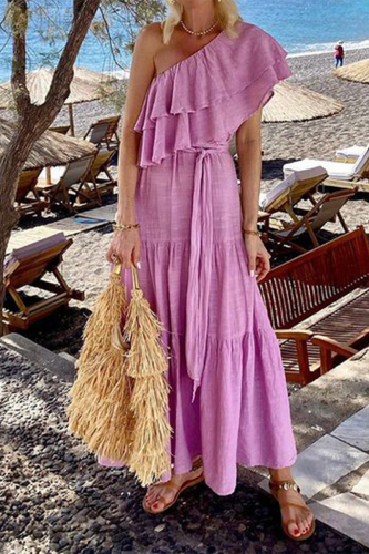 Sexy Solid Color Lace Up Ruffle Sloping Shoulder Irregular Dresses