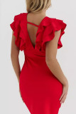 Sexy Solid Color Backless Ruffle V Neck Wrapped Skirt Dresses