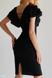 Sexy Solid Color Backless Ruffle V Neck Wrapped Skirt Dresses