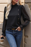 Daily Elegant Solid Color Buttons Patchwork Mesh Half A Turtleneck Tops