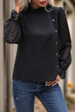 Daily Elegant Solid Color Buttons Patchwork Mesh Half A Turtleneck Tops