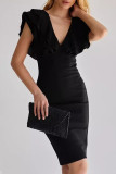 Sexy Solid Color Backless Ruffle V Neck Wrapped Skirt Dresses