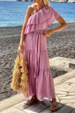 Sexy Solid Color Lace Up Ruffle Sloping Shoulder Irregular Dresses