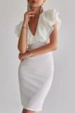 Sexy Solid Color Backless Ruffle V Neck Wrapped Skirt Dresses