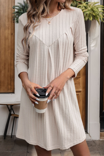 Casual Daily Solid Color Patchwork Ruched O Neck Long Sleeve Dresses